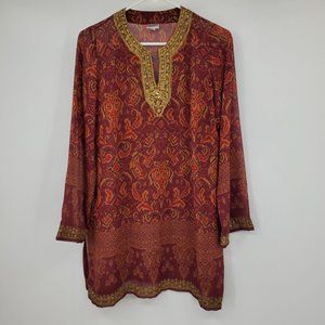 Ghea Indonesia Beaded Trim Multicolor Print Women's Tunic Shirt Size XL